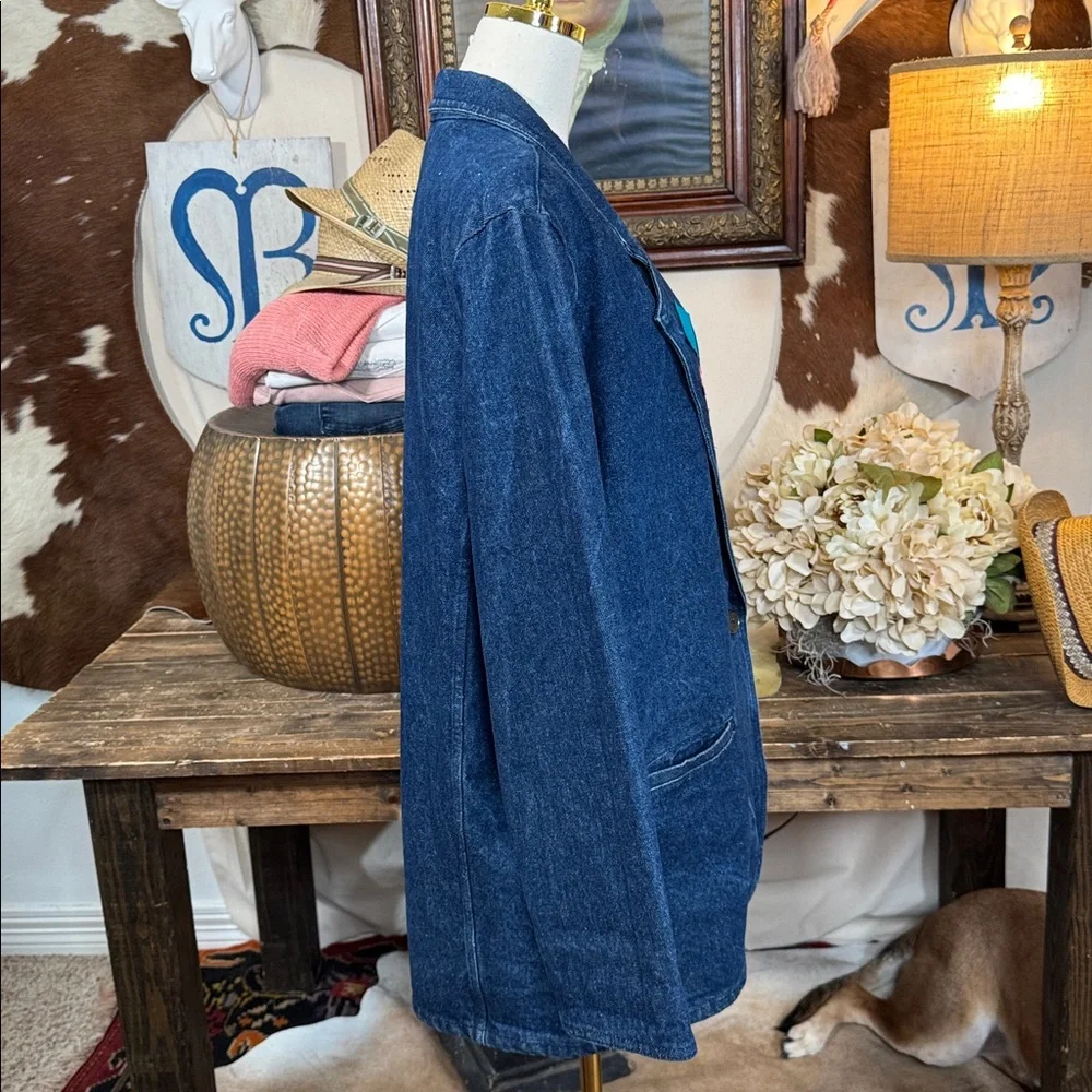 Vintage 80s Hunt Club Dark Blue Denim Blazer with Teal & Pink Accents